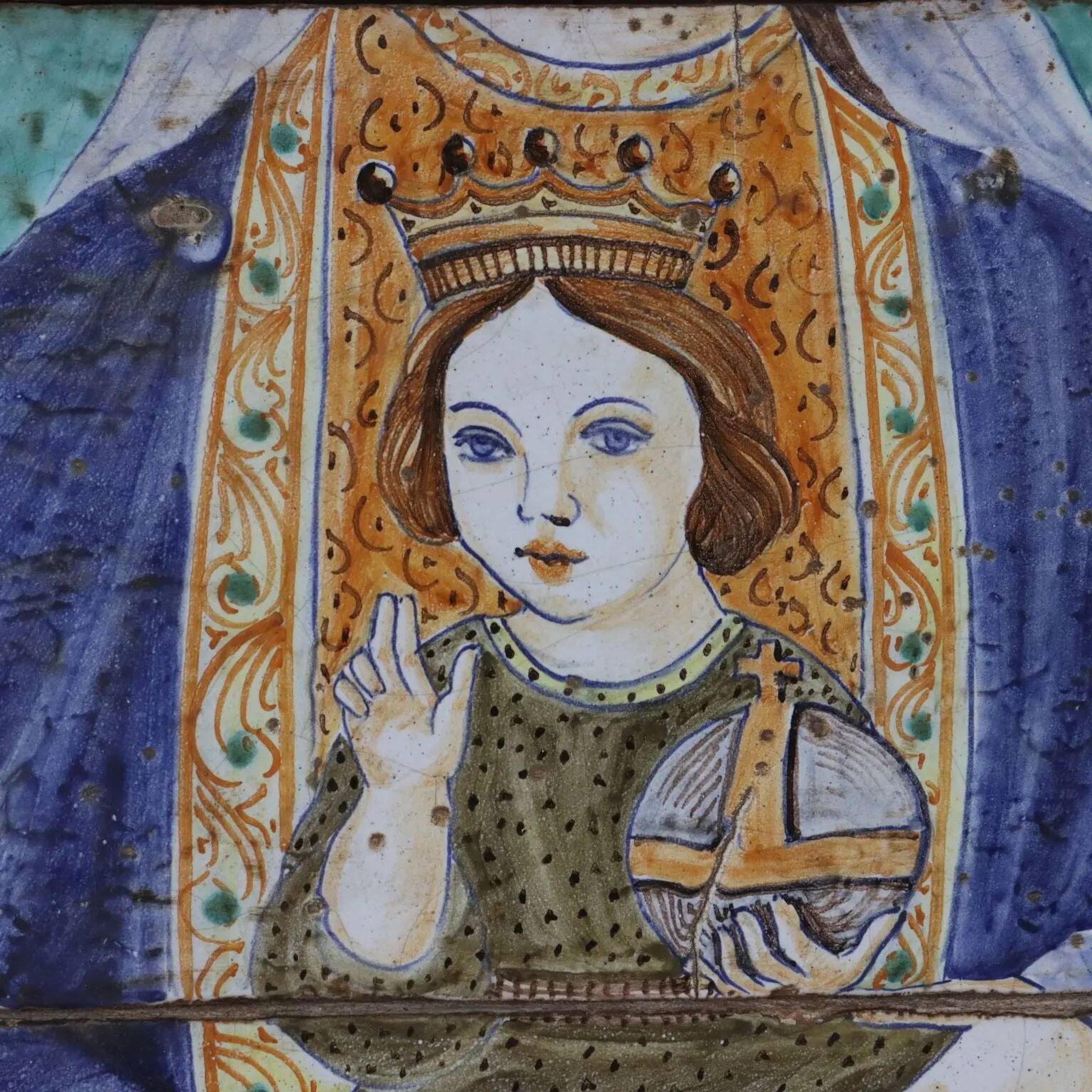 Ancient majolica painting on wood, religious subject, Italy 20th century.