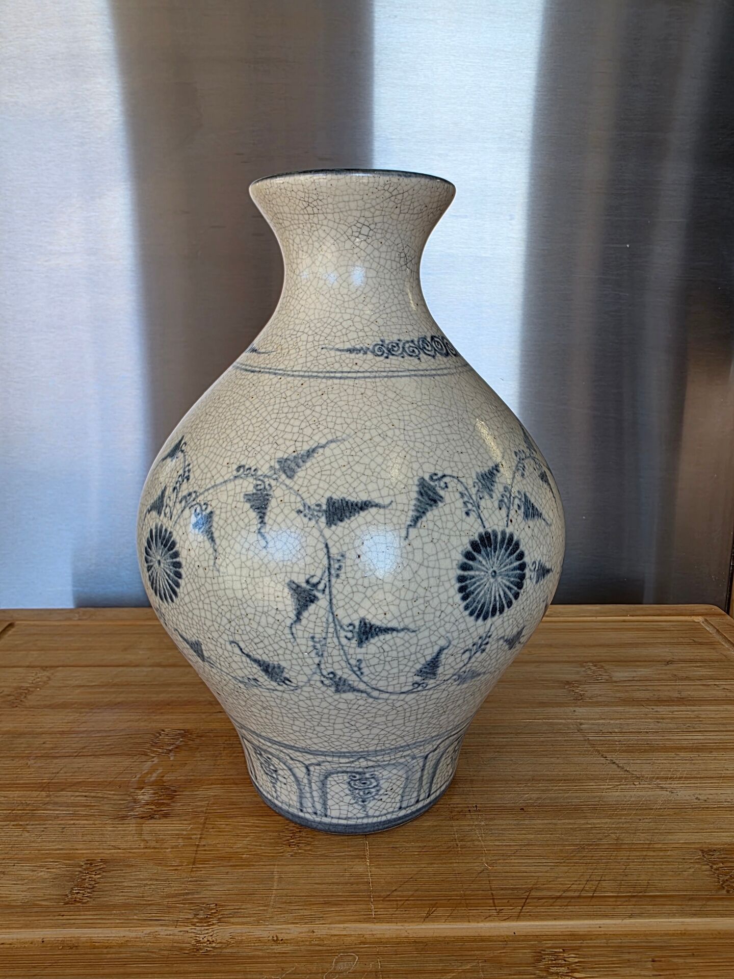 Large Cracked Blue & White Ceramic Vase Asian/Chinese Style