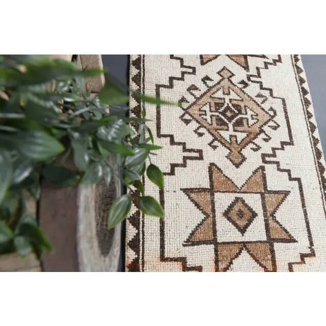 Vintage Turkish Oushak handmade wool cotton white runner rug  91x340