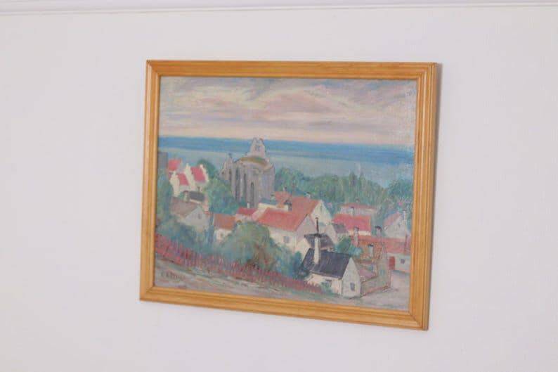 Swedish Oil on Panel “Village Scene” by E. R. Olsson, Vintage & Framed 54 × 66 cm