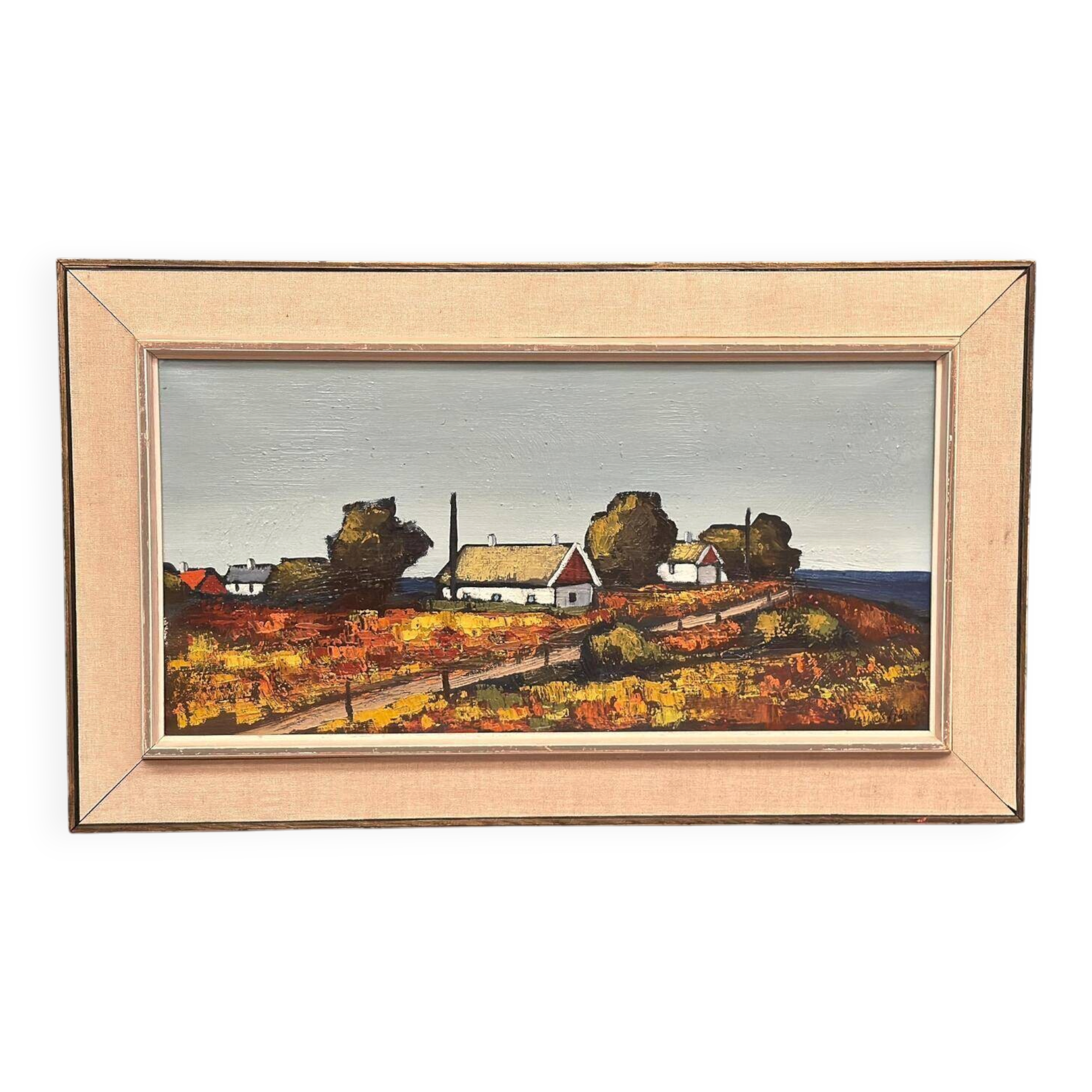 Huile sur toile suédoise mid-century paysage encadrée par Saxhup – 1966