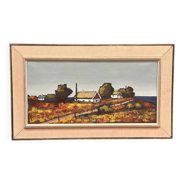 Huile sur toile suédoise mid-century paysage encadrée par Saxhup – 1966