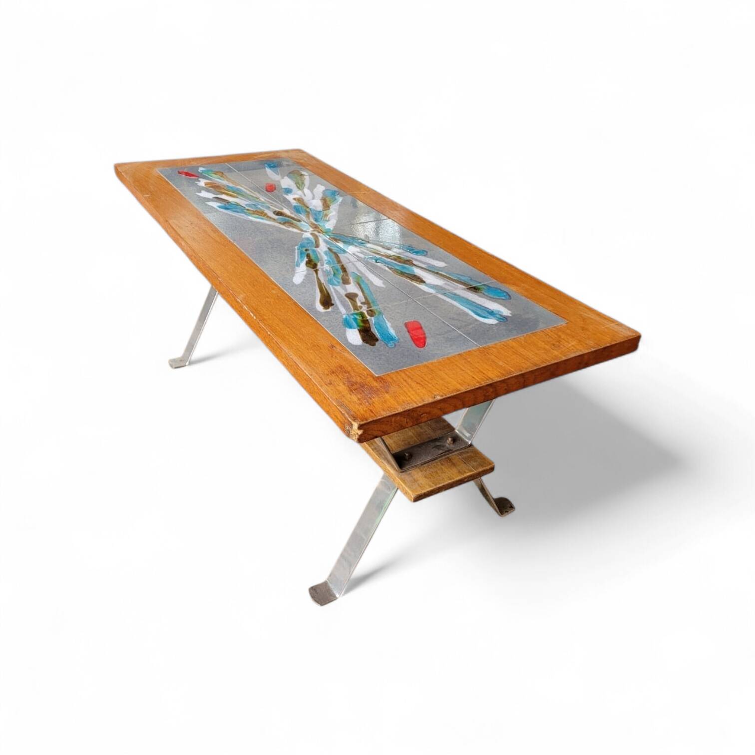 Vintage 70s design coffee table, wooden and ceramic top with aluminium legs.