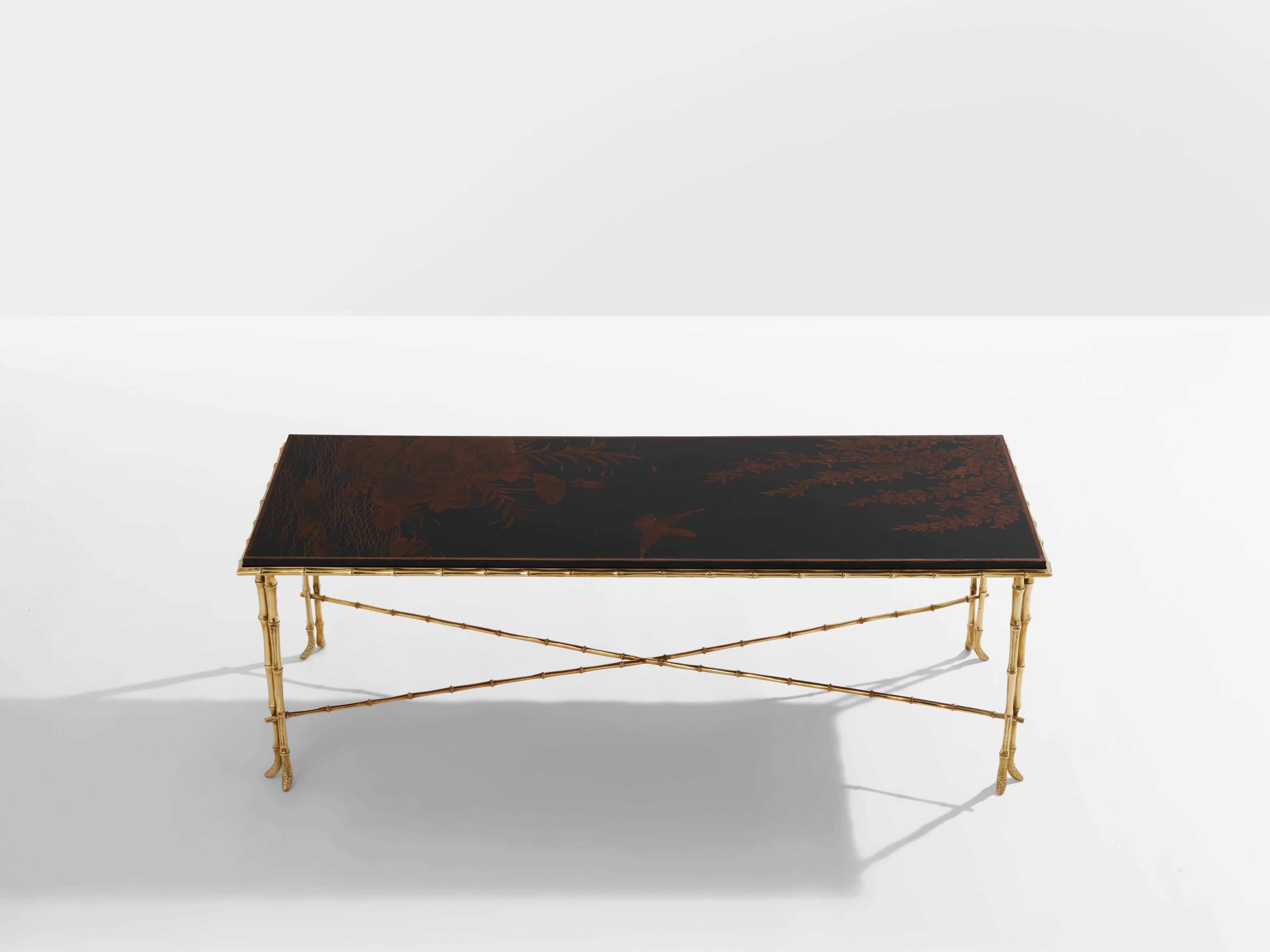 Bamboo coffee table with brass and Chinese lacquer Maison Baguès 1950
