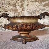 Grande jardinière ancienne en fonte sur pied, patine brun-or, France, vers 1900