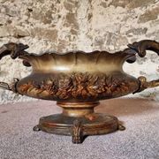 Large antique cast iron planter on a stand, brown-gold patina, France, circa 1900.