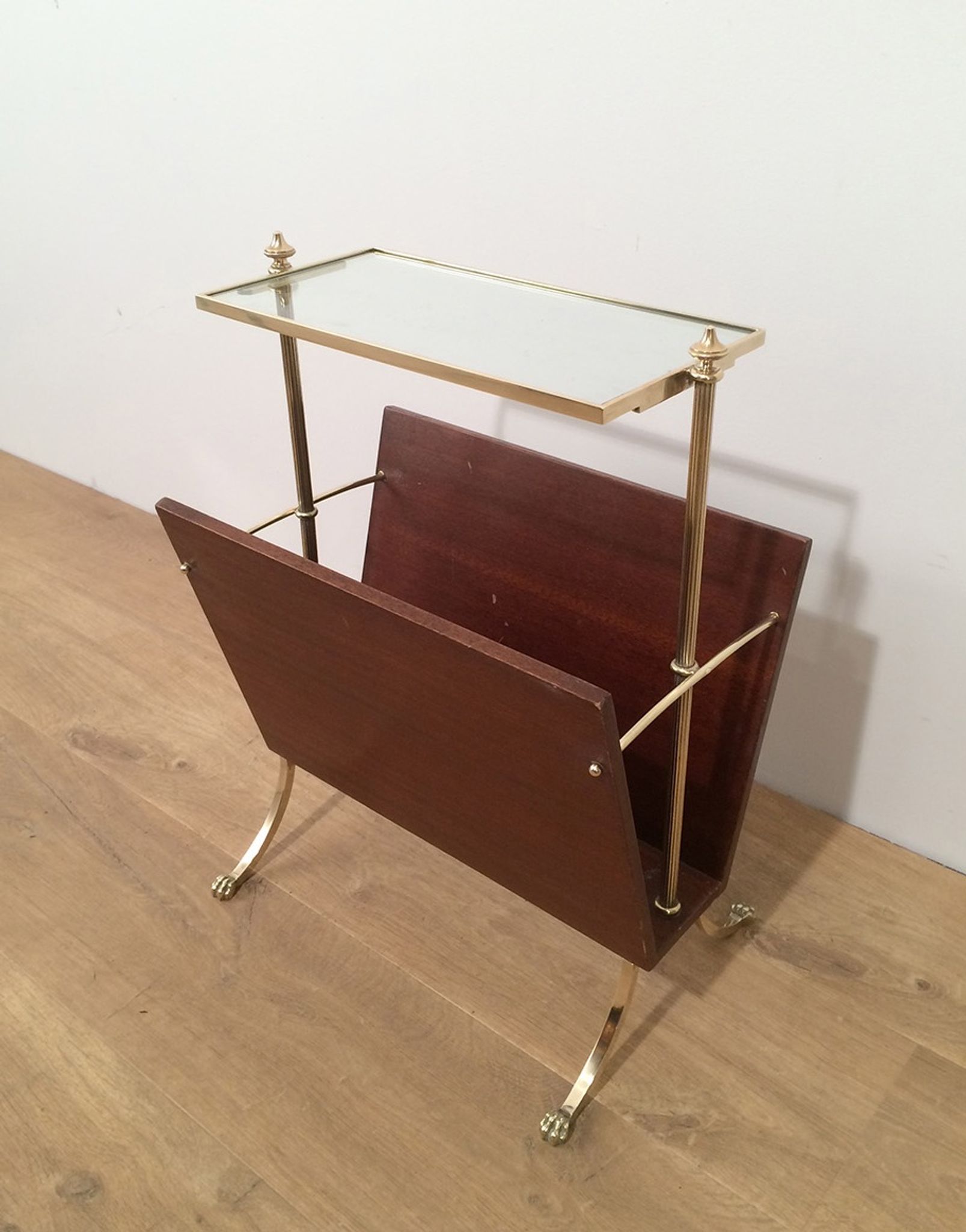 Neoclassical magazine rack in mahogany and brass