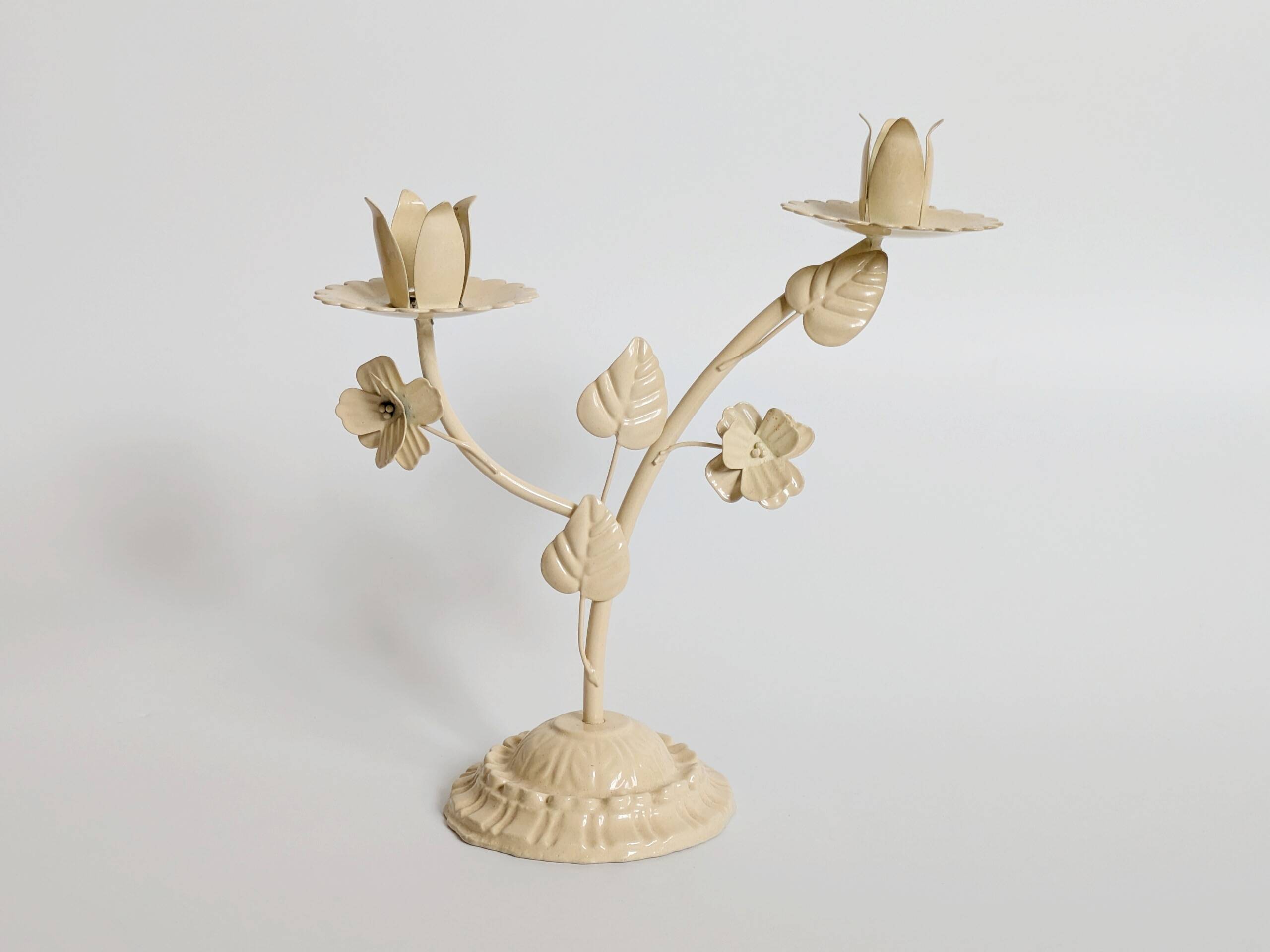 Vintage Italian white painted cast iron candlestick, floral motif, 1970s