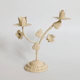 Vintage Italian white painted cast iron candlestick, floral motif, 1970s