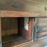 Japanese antique wooden chest with black fittings.