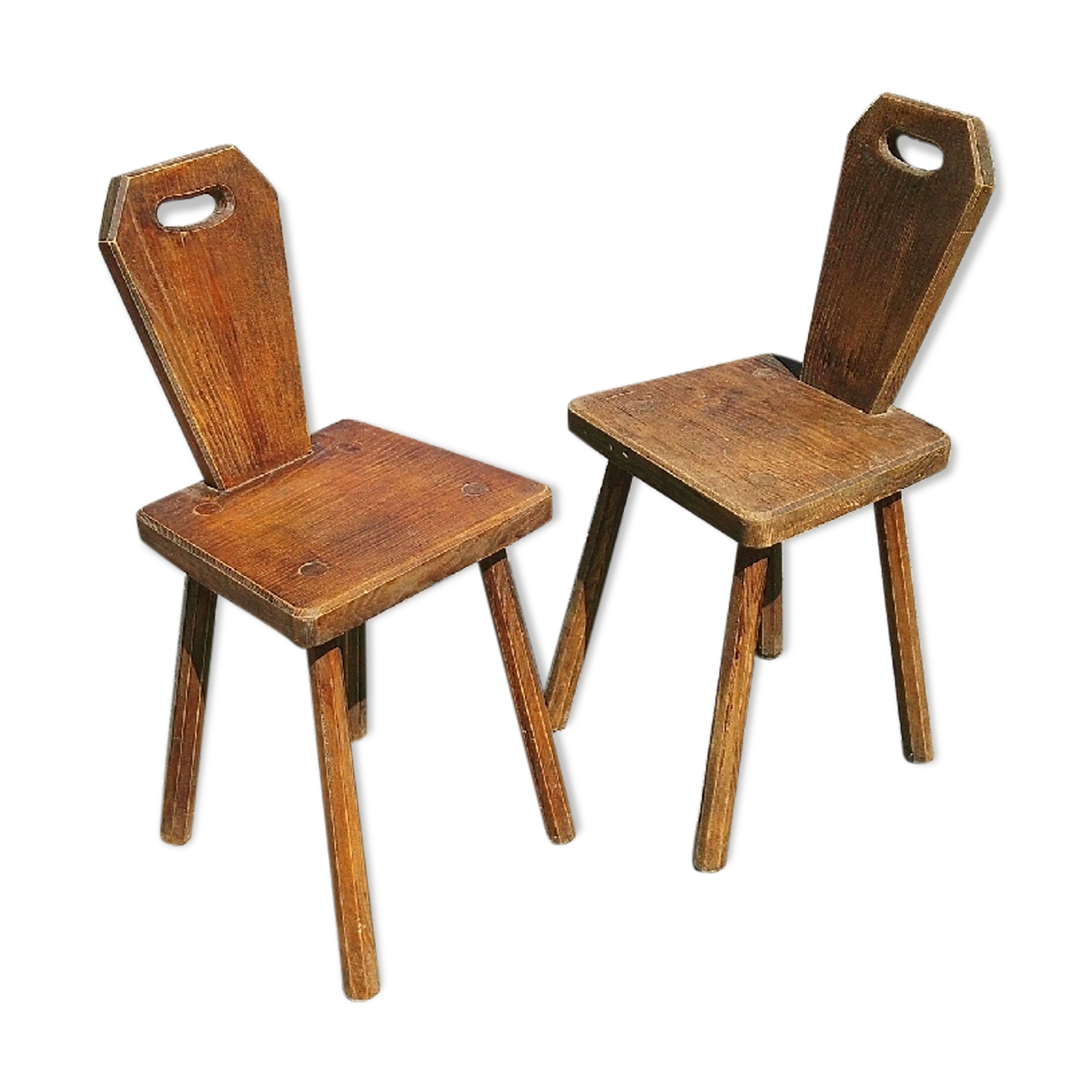 Pair of brutalist vintage chairs wood varnish countryside