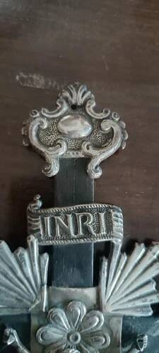 Ancient crucifix, silver-plated baptismal font from Naples, 19th century.