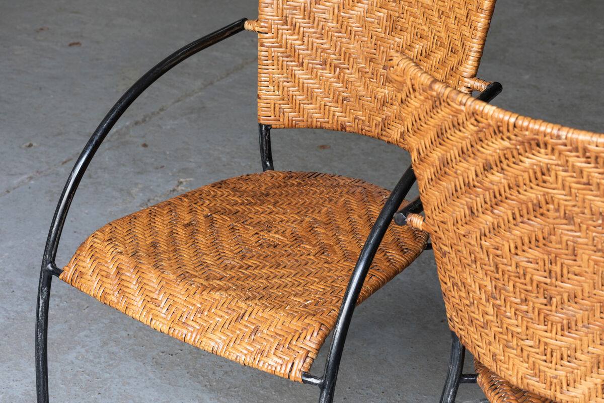 Set of 4 stackable dining chairs in steel and rattan, 1970s