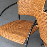 Set of 4 stackable dining chairs in steel and rattan, 1970s