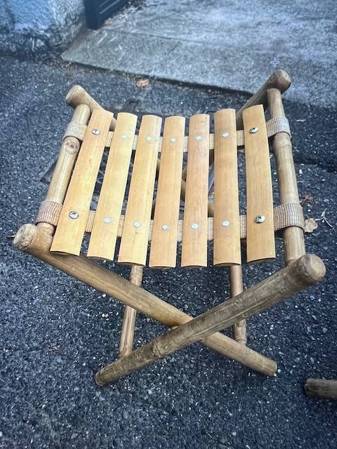 Pair of vintage bamboo and wood folding stools – France, 1960s/1970s