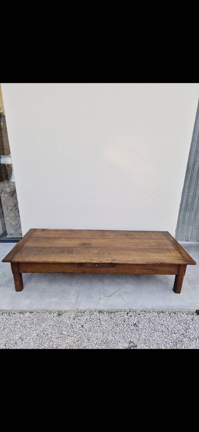 Rustic farmhouse coffee table with two drawers, solid oak, 19th century - 1.97m