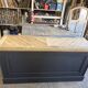 Chevron-patterned oak workbench
