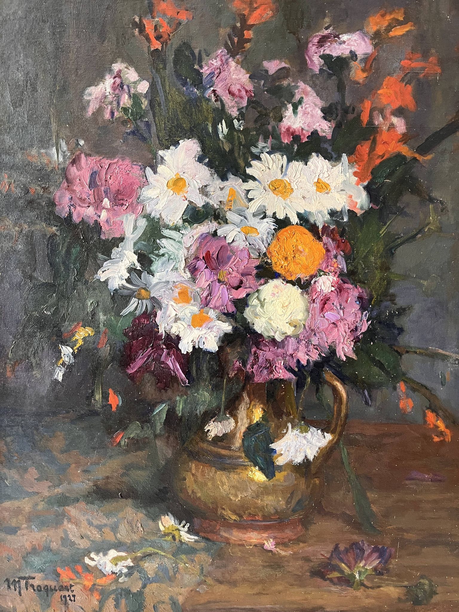 Large oil on canvas of a still life with flowers 1929, antique painting.