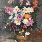 Large oil on canvas of a still life with flowers 1929, antique painting.