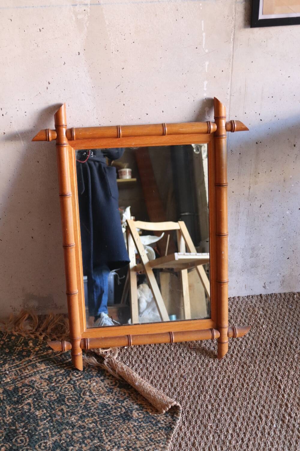 Antique cross mirror, turned wood, bamboo style