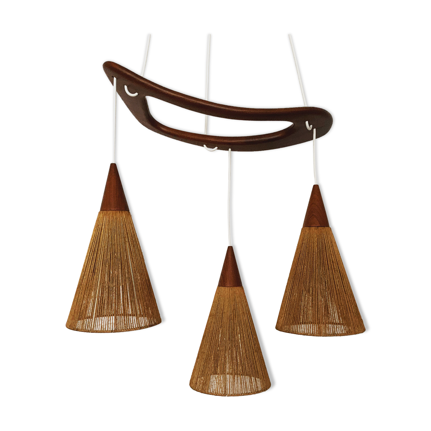 Teakwood and raffia bast cascading lamp by Rispal