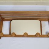 Light wood wall coat rack with tilted mirror, 5 hooks, 1960s