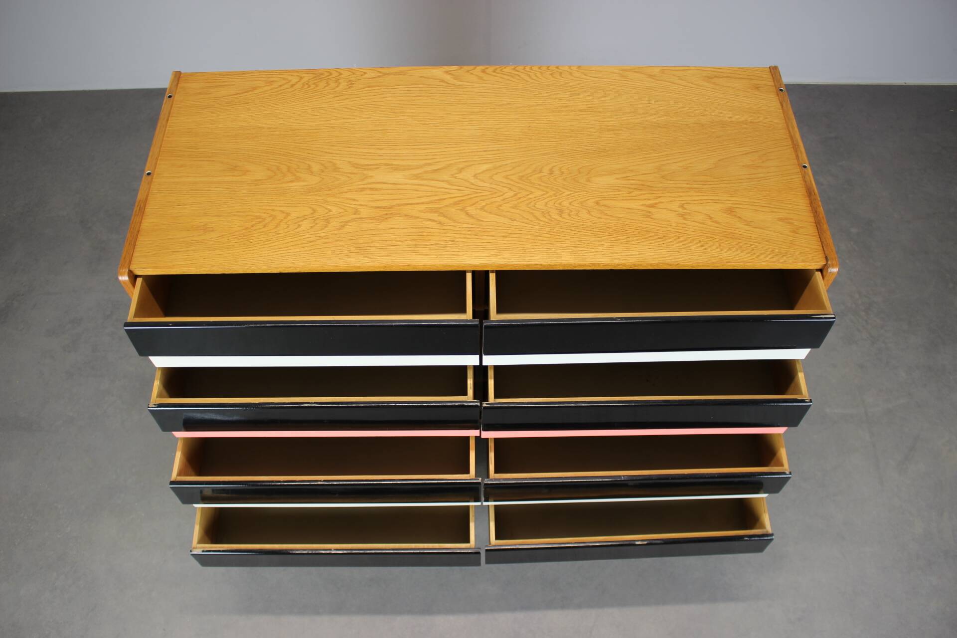 Restored 1960 chest of drawers by Jiroutek in oak with color-block drawers