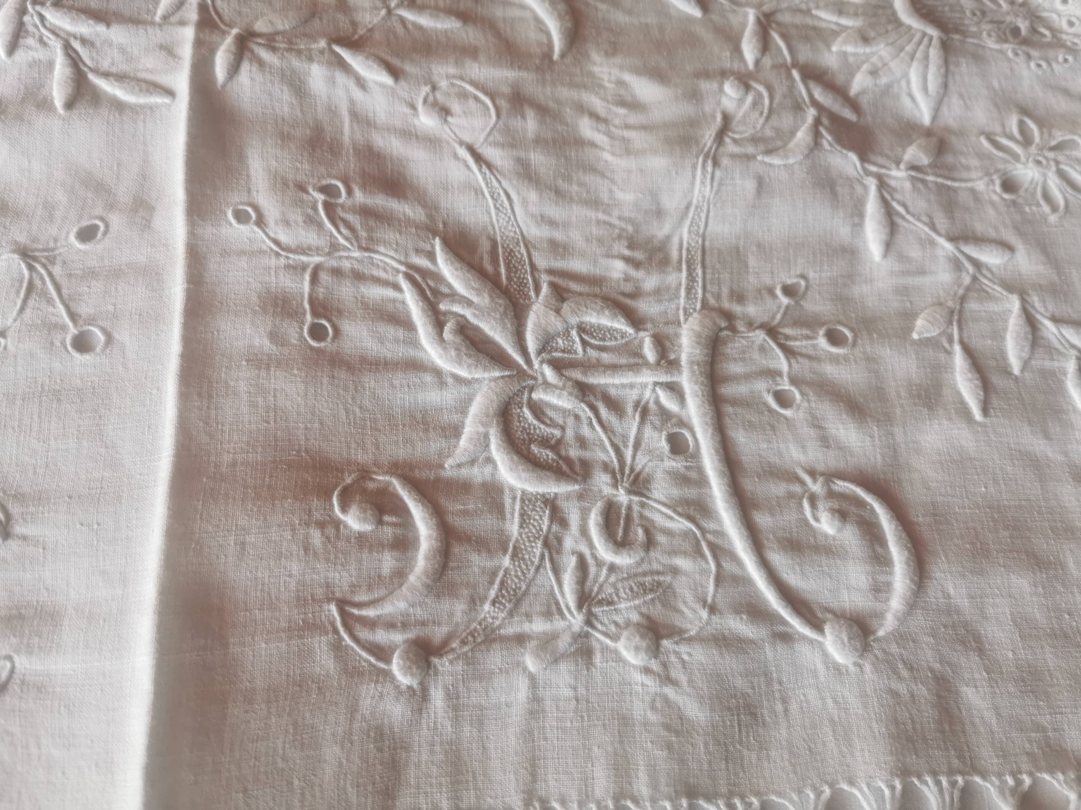 Large antique linen sheet monogrammed AH