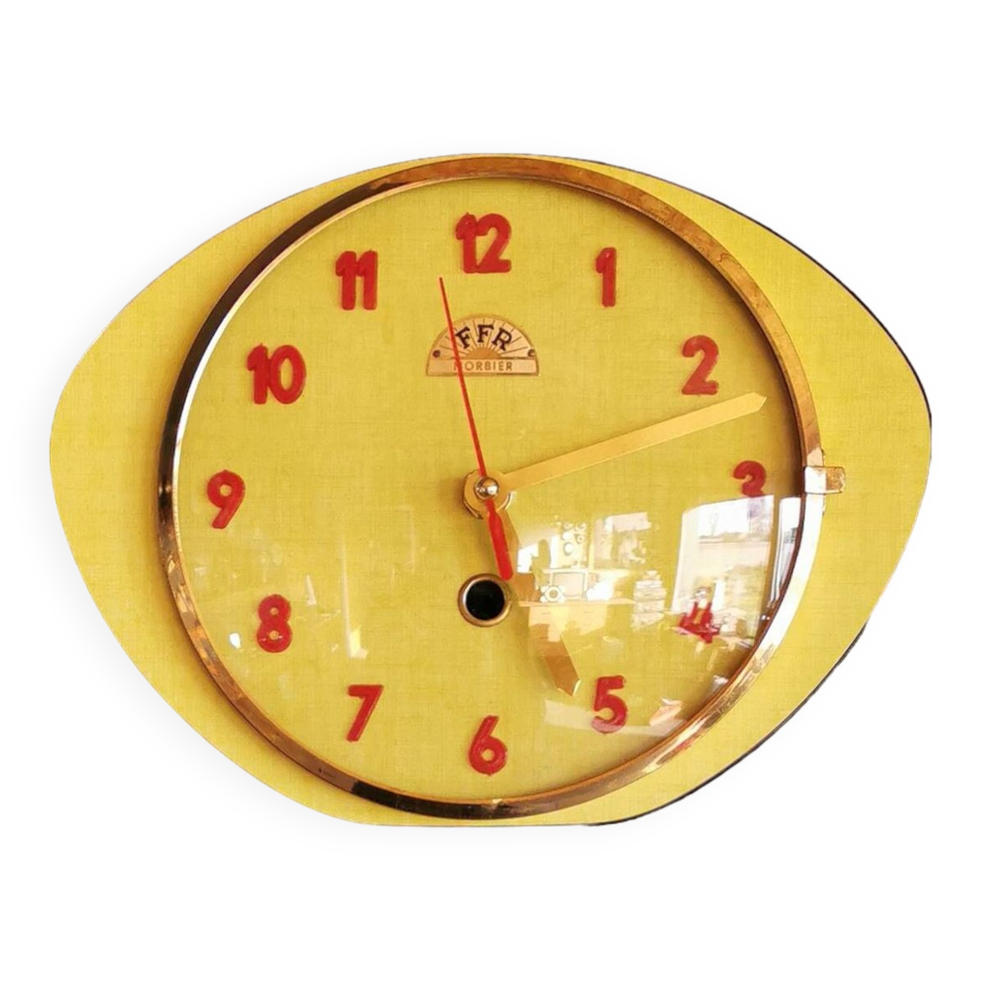Vintage formica clock silent wall pendulum "FFR Morbier yellow red"