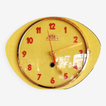 Horloge formica vintage pendule murale silencieuse "FFR Morbier jaune rouge"