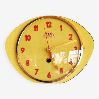 Vintage formica clock silent wall pendulum "FFR Morbier yellow red"