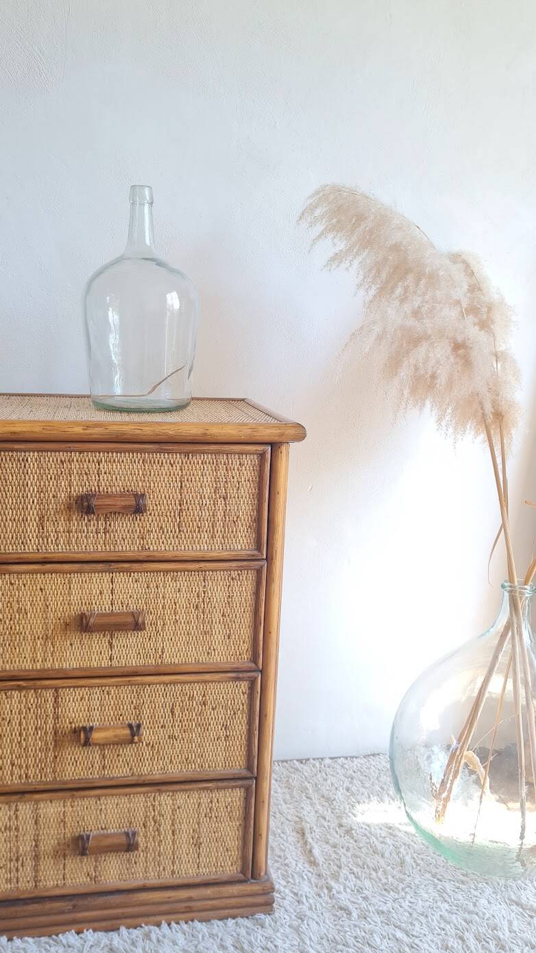 Vintage rattan chest of drawers from the 1970s.