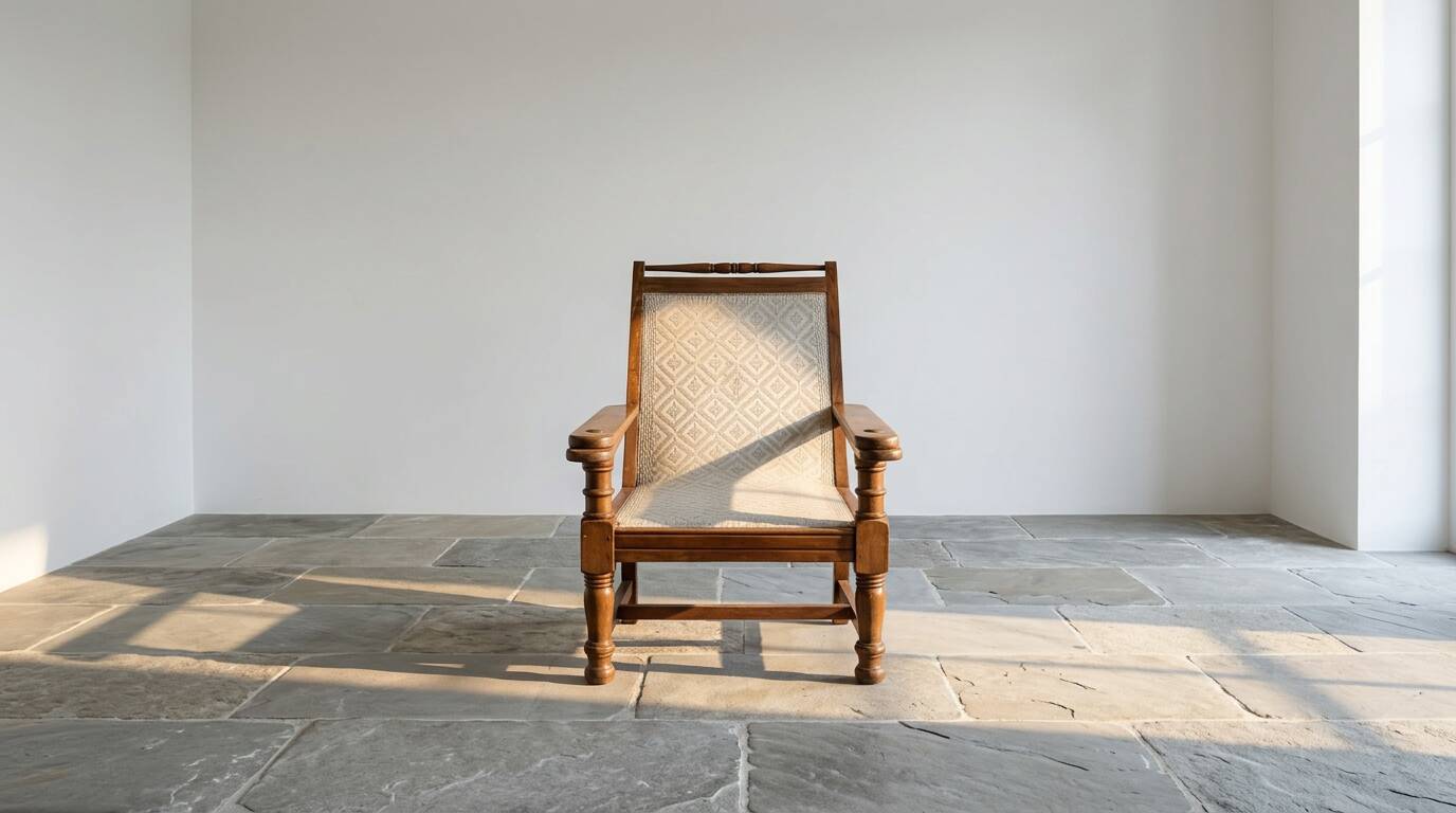 Vintage armchair in solid wood and geometric weaving – lodge spirit