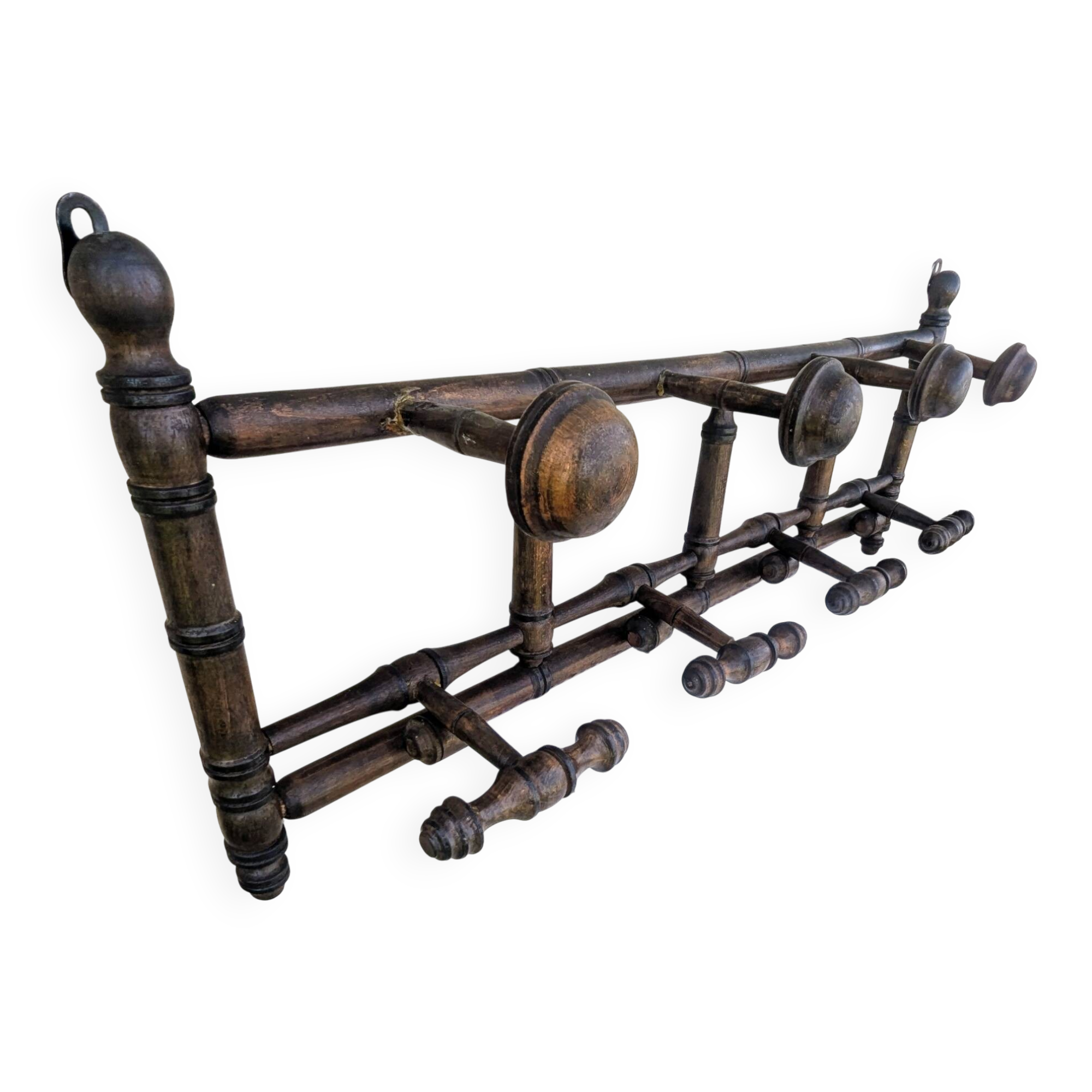 Antique wall coat rack, wooden turned bamboo, bistro 1900.