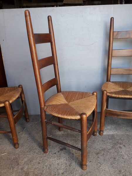 4 modernist chairs design wood and straw era 1960/70