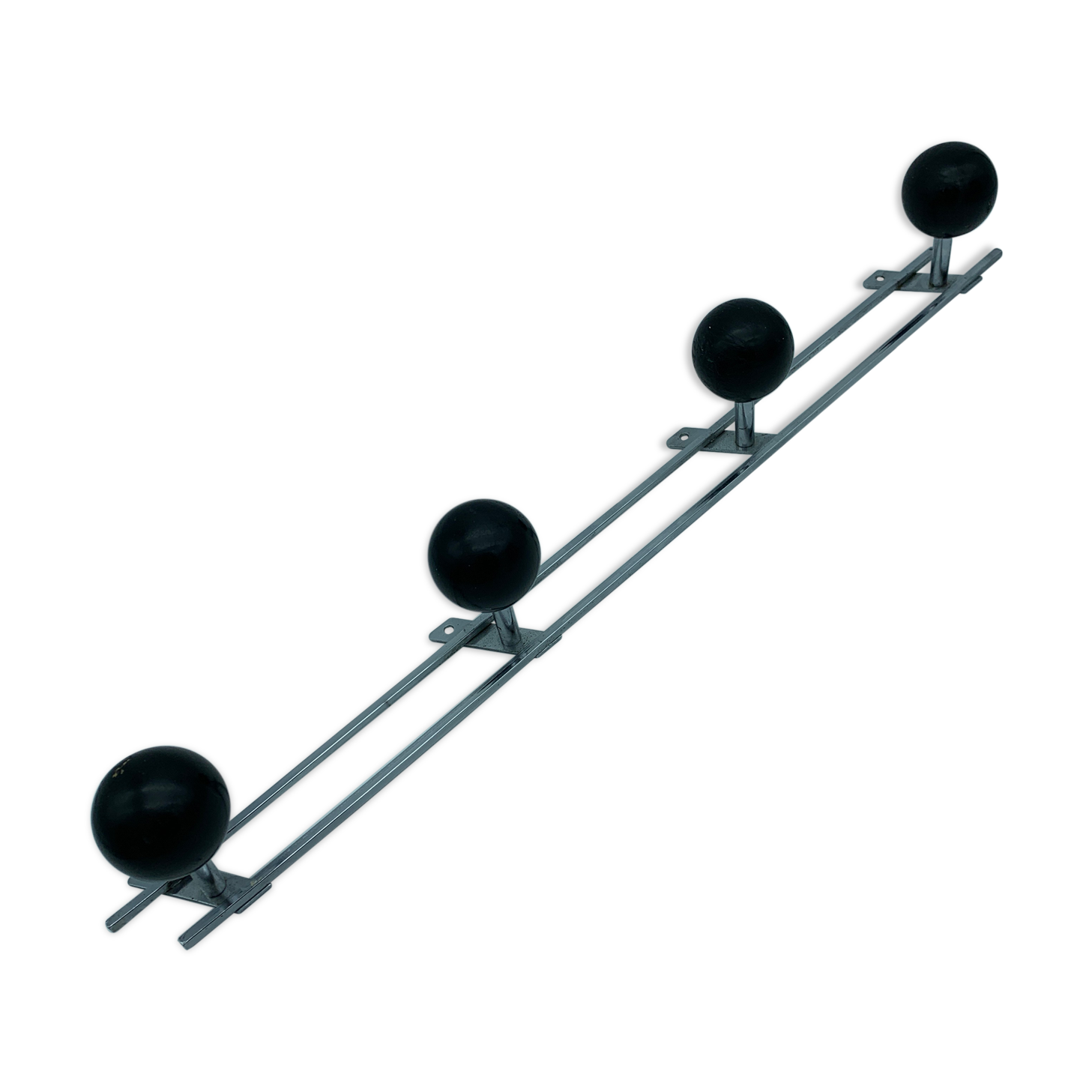 Coat holder 4 chrome steel pateres and black wooden balls