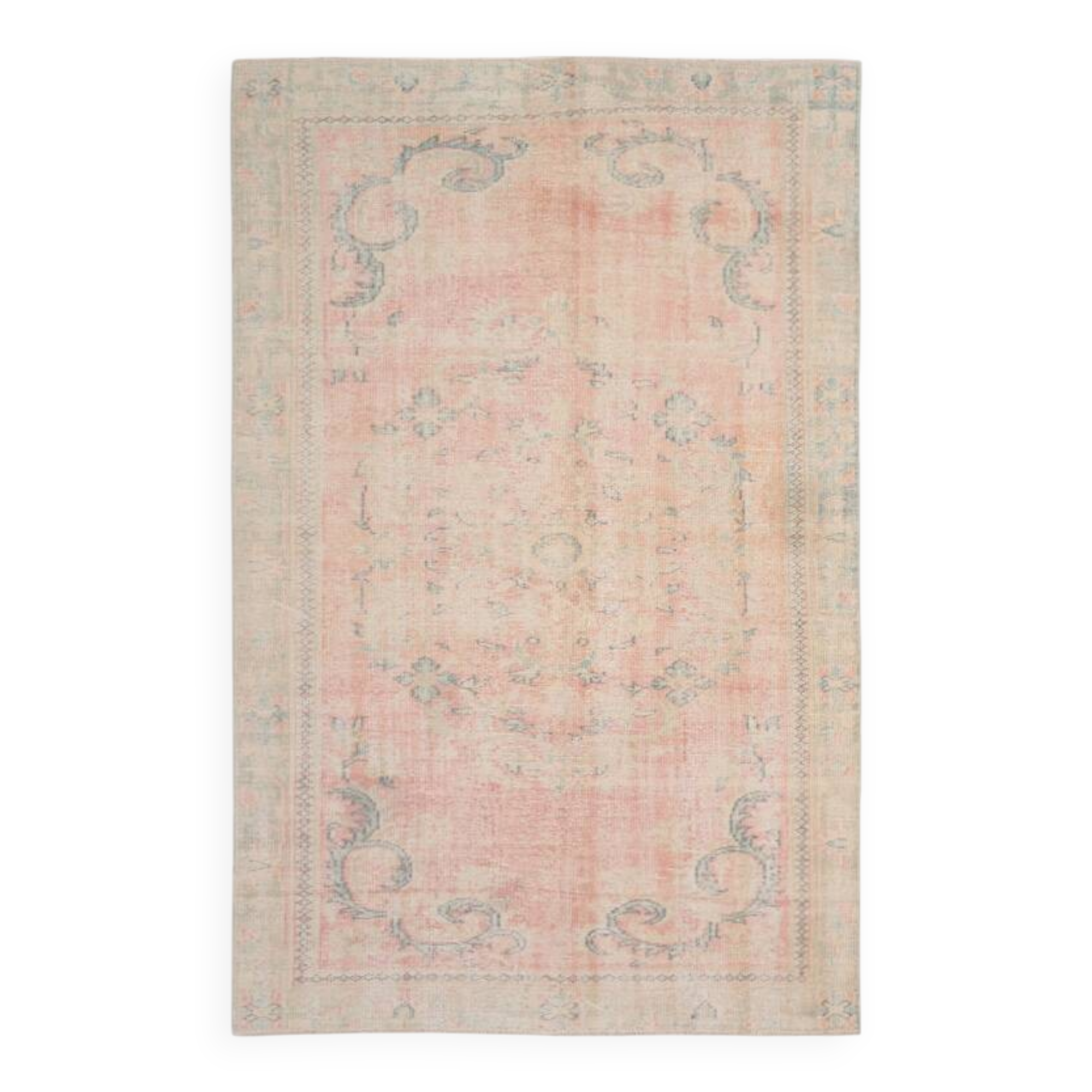 Tapis vintage oriental usé,  Rose saumon et vert pastel, style bohème