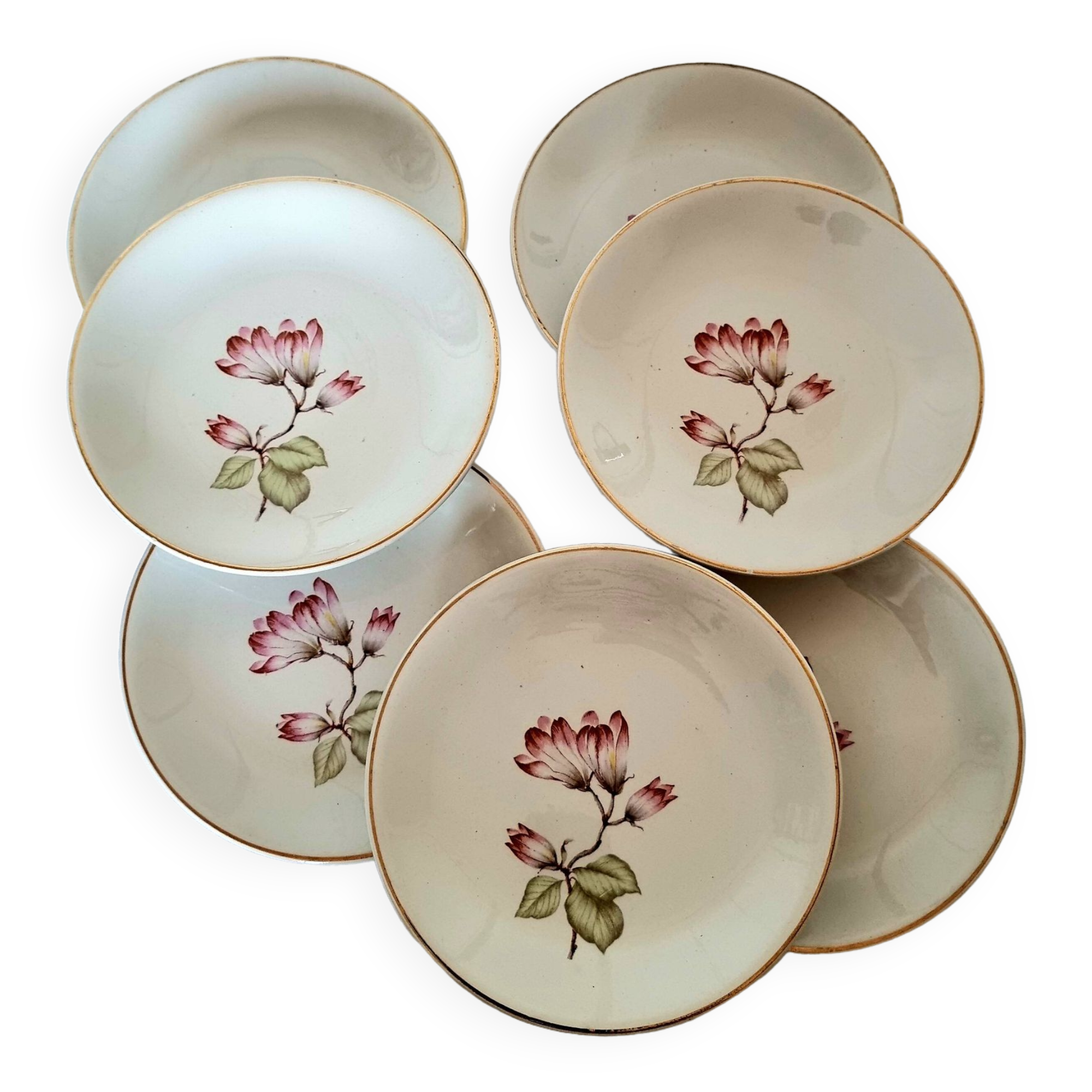 7 Mangnolias Dessert Plates 19.5cm with Gold profile.