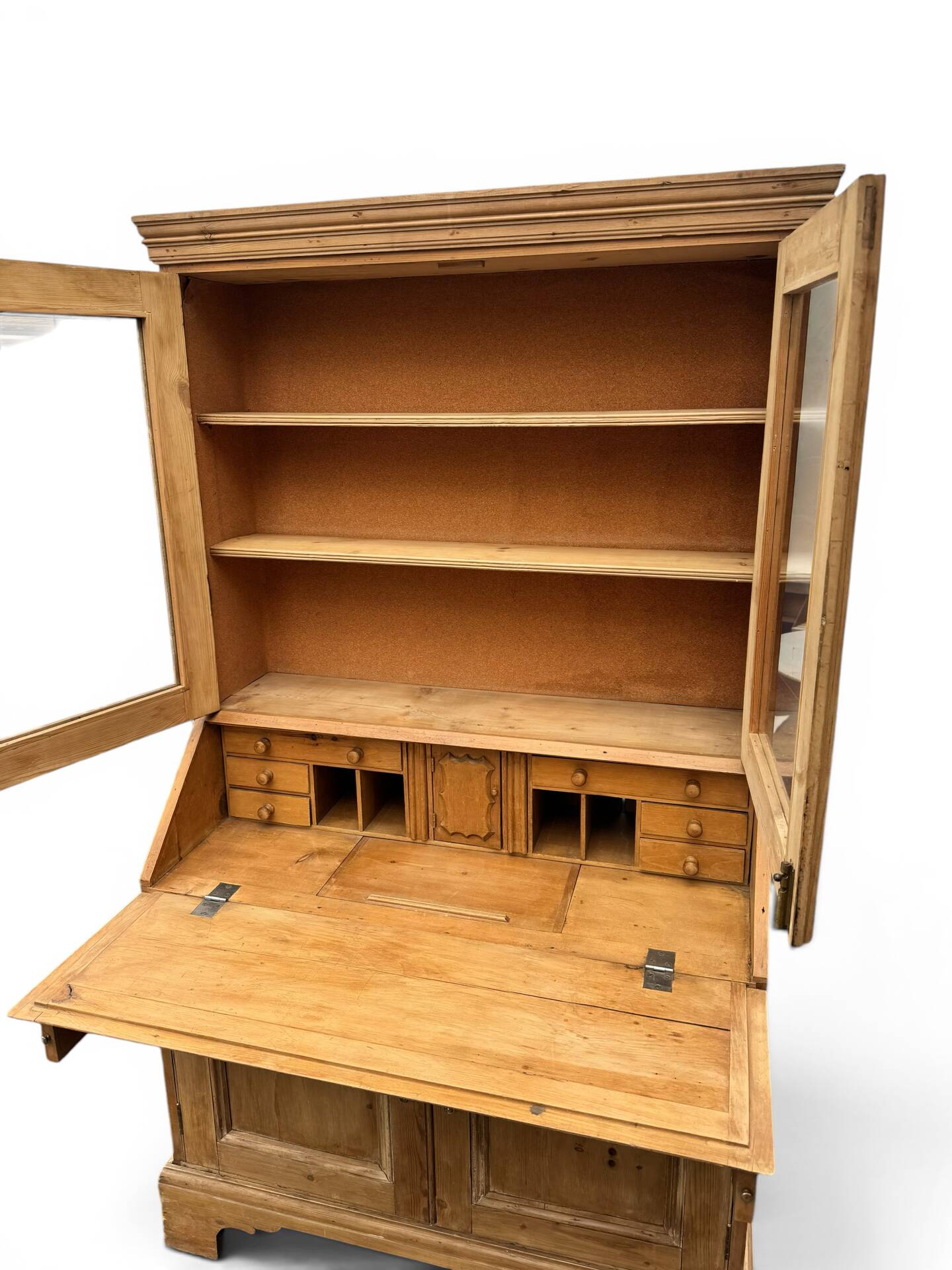 Showcase secretary with two bodies, English, in raw pine – around 1900