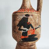 Egyptian pattern ceramic pitcher, red-orange enamels