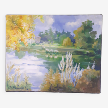Canvas painting representing a countryside scene at the water's edge - signed