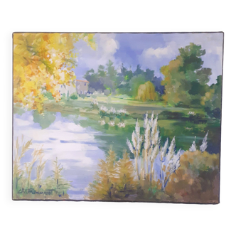 Canvas painting representing a countryside scene at the water's edge - signed