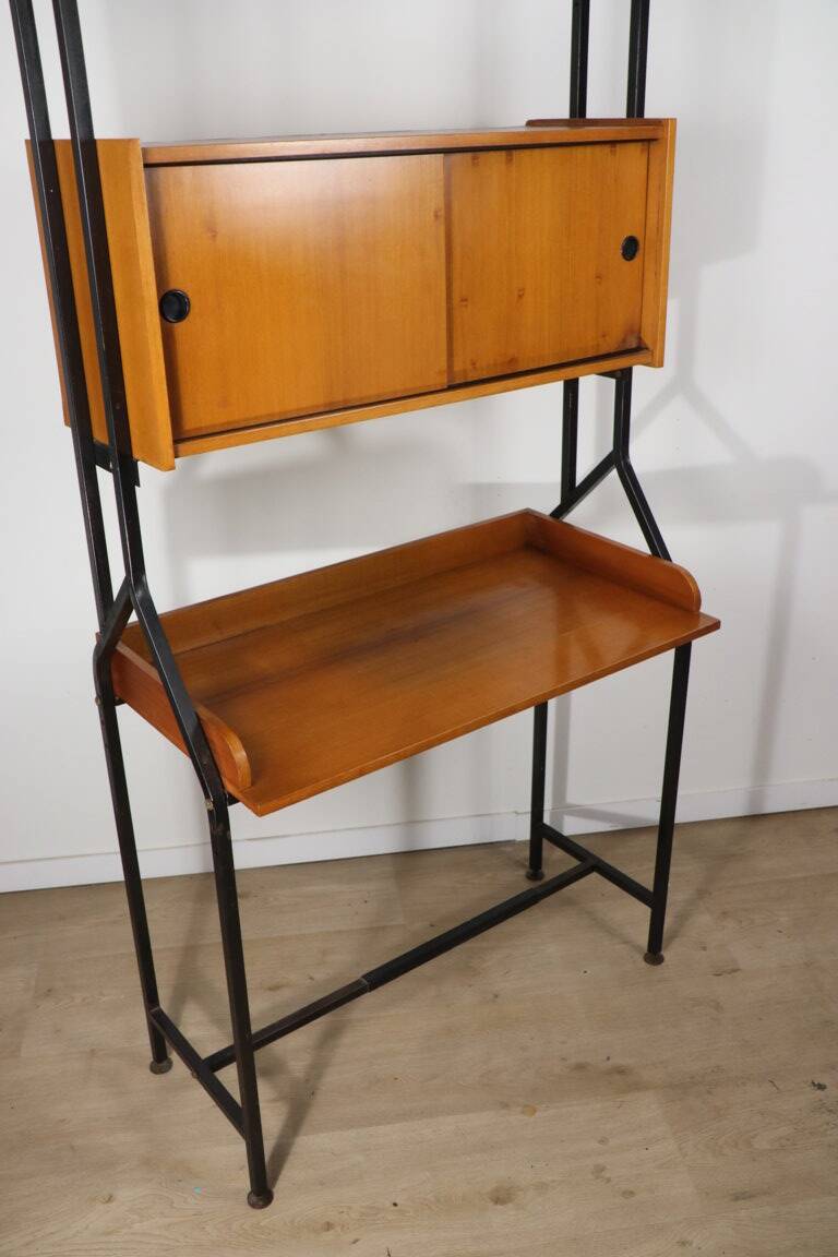 Vintage desk with modular bookcase in wood and metal, 1960