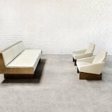 French Modernist Living Room Sofa Set In White Leather, 1950's