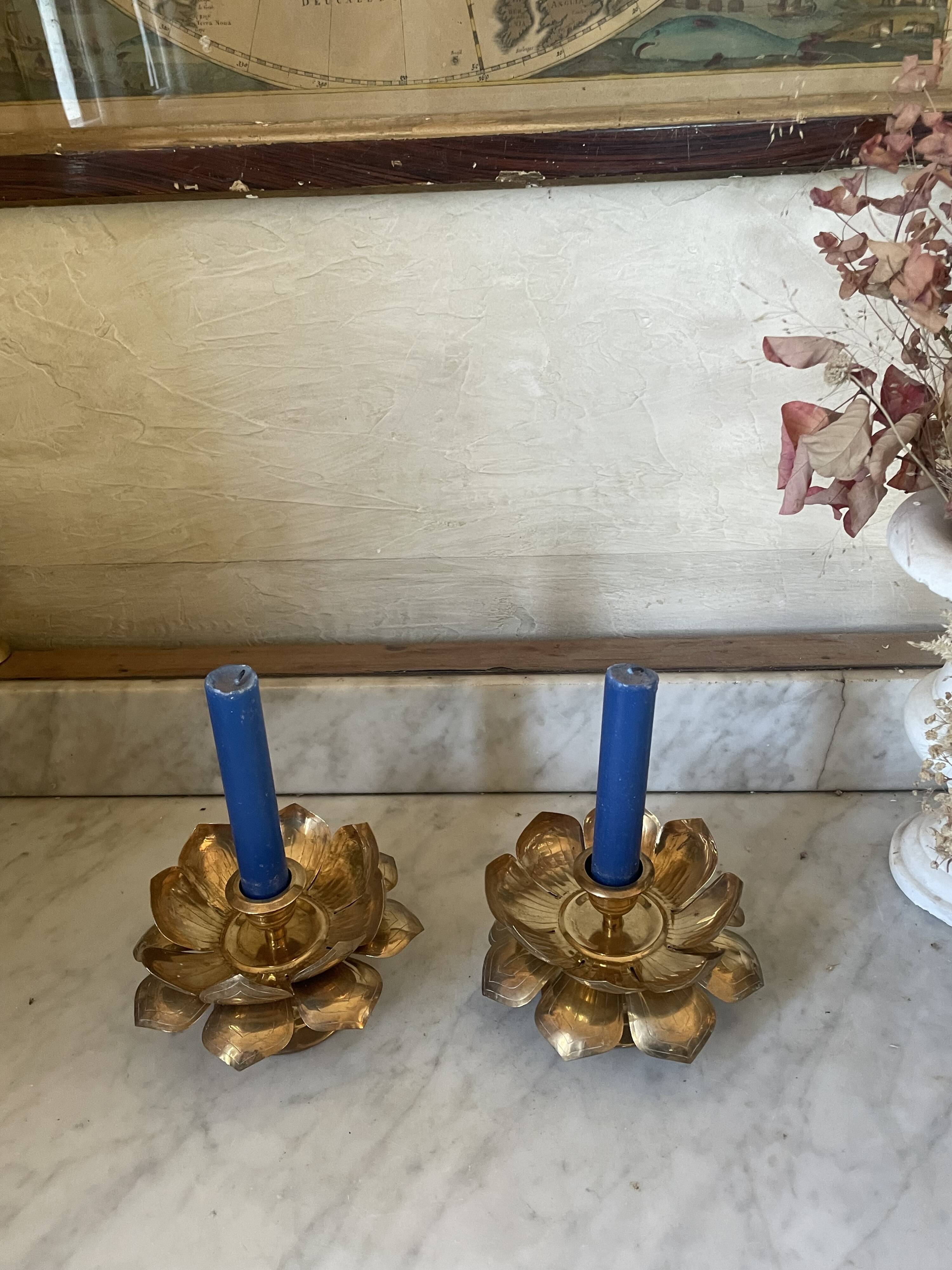 Lotus brass candlestick pair