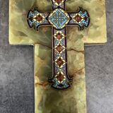 Wall cross with a holy water font in enamel and onyx, 19th century.