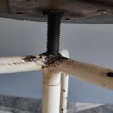 3-foot white metal workshop stool with wood seating threaded axis