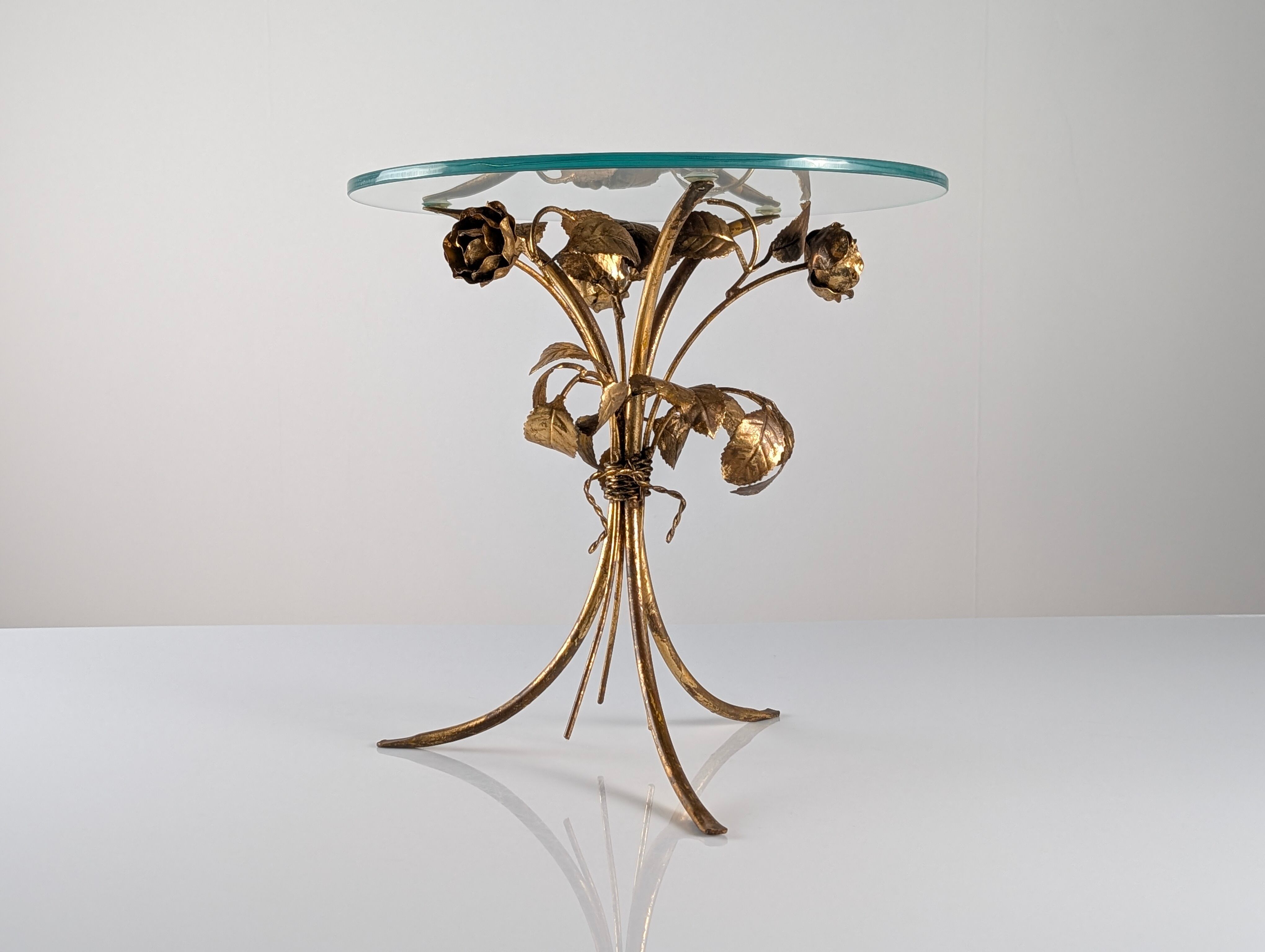 Mid-century side table in gilded metal with roses and glass top, 1970s