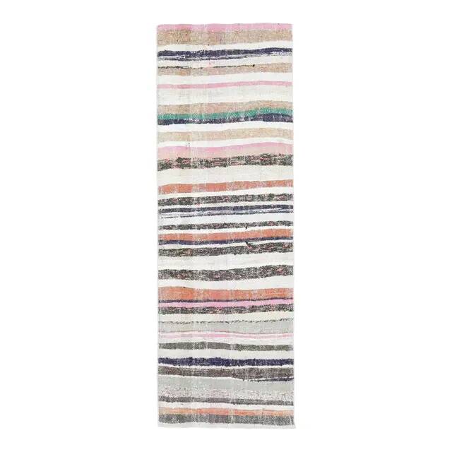 Vintage Turkish Hand-Knotted Wool Cotton White Kilim Runner Rug 78x228