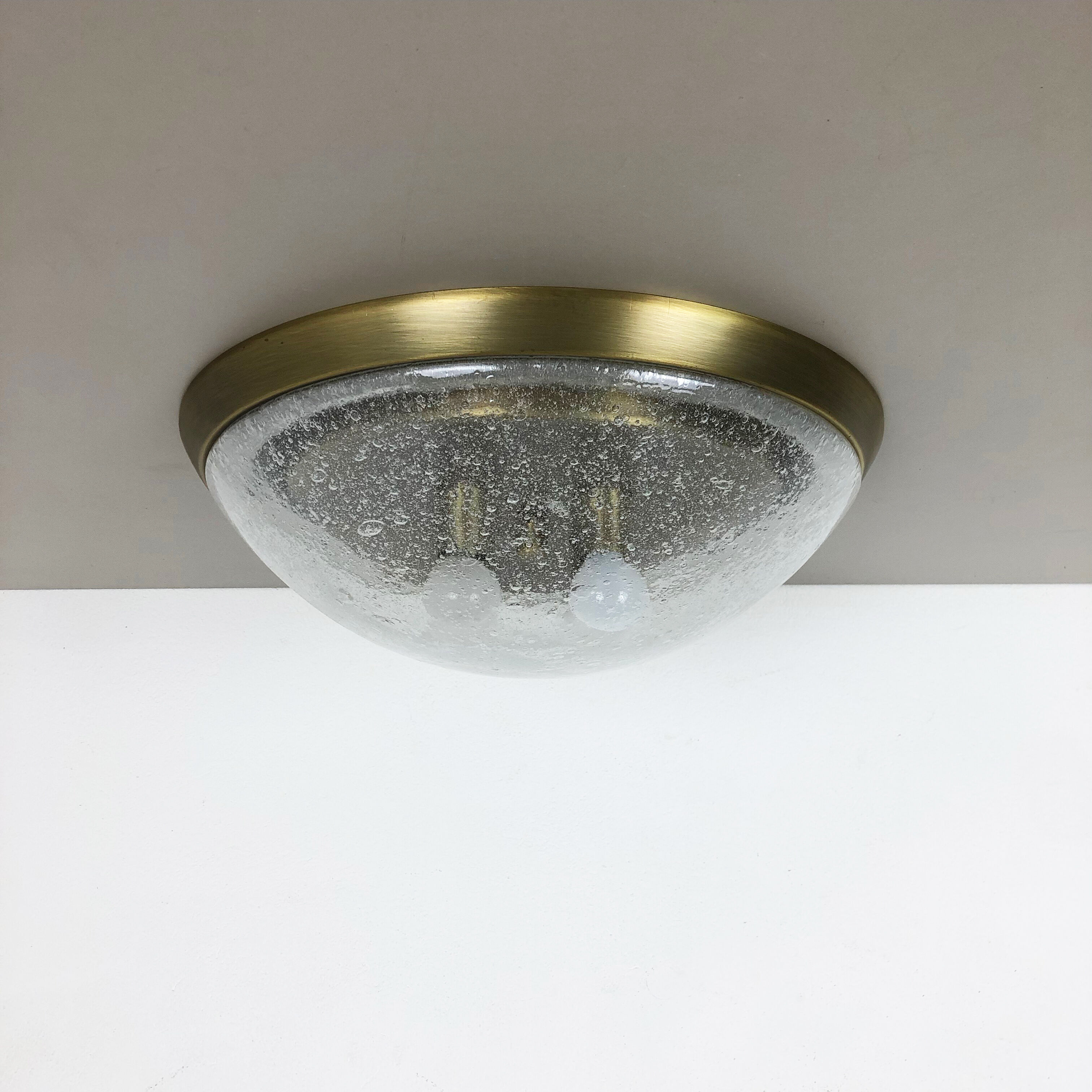 Ice glass bubble brass ceiling light by Hillebrand Leuchten, Germany, 1970s
